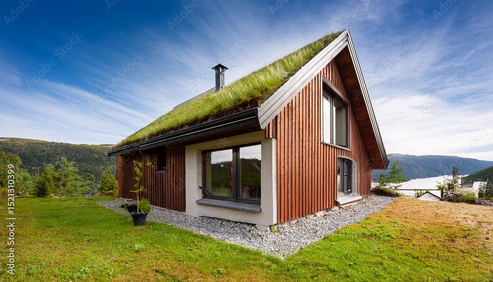 Fototapeta premium an eco friendly nordic house with a green roof isolated transparent