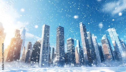 Snowfall in a city landscape.