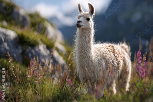 Charming llamas in natural and cultural settings photo