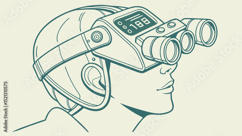 Illustration of a person wearing a futuristic helmet with a digital display and multiple lenses on the front