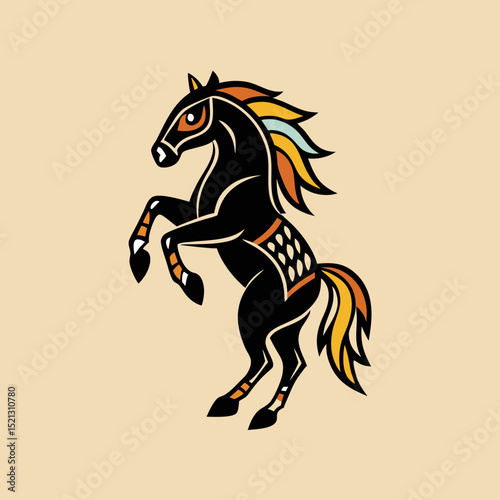 Black and gold horse rearing on neutral background