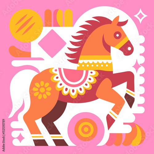 Colorful abstract horse in folk tribal style on pink background