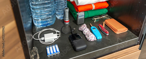 Tableau sur toile Banner of 72 hour survival kit in kitchen cupboard with water bottles, clothes, radio, batteries, powerbank, flashlight, knife and lighter
