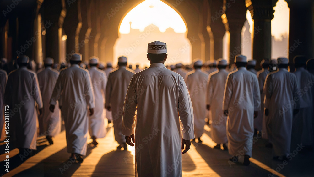 Naklejka premium Muslim Men Walking Towards Light in Mosque