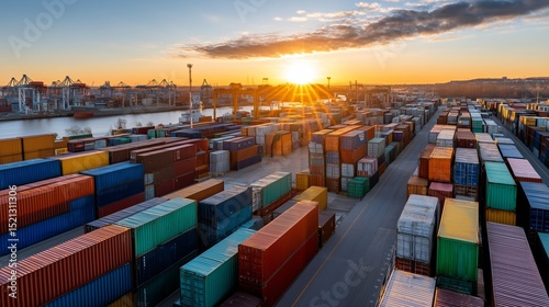 Shipping containers port in sunset light showcasing logistics trade. AI generated.
