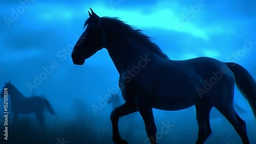 Animated horses run freely across misty fields under a blue night sky in a dreamlike landscape.
