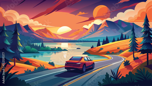 A car is driving down a road near a lake. The sun is setting in the background, creating a beautiful and serene atmosphere Very beautiful
