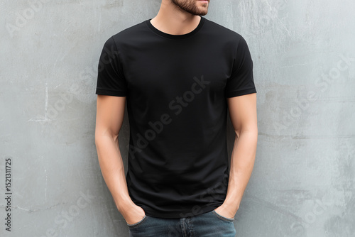 A man in a black shirt is standing in front of a grey wall. He is wearing blue jeans and has his hands in his pockets. Concept of casualness and simplicity photo