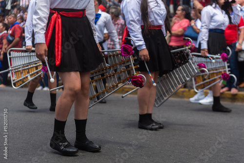 Slika na platnu Students carry flower-adorned xylophones while marching in a Costa Rican Independence Day parade, showcasing music and tradition