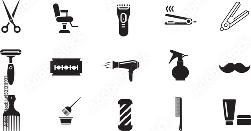 Barber Shop and Hair Salon Tools Icon Set, Hairdressing Equipment, 
