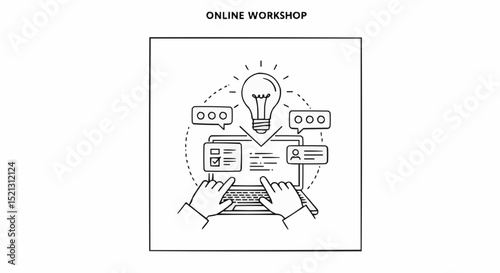Online workshop with hands typing on keyboard and light bulb idea  