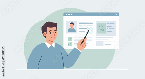 Male professional presenting profile information on digital screen  
