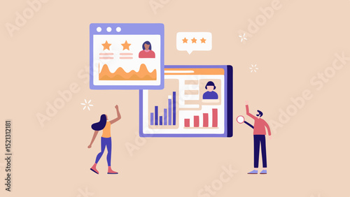 People interacting with data dashboards showing charts graphs and user profile information online interface