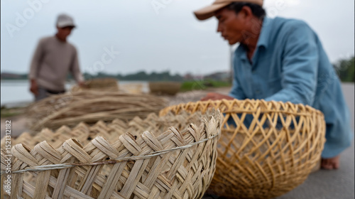 Vietnamese fishermen basketry for fishing.
