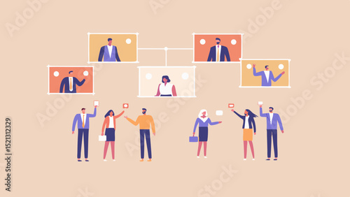 Illustration of a virtual meeting with people on screens and standing individuals below them