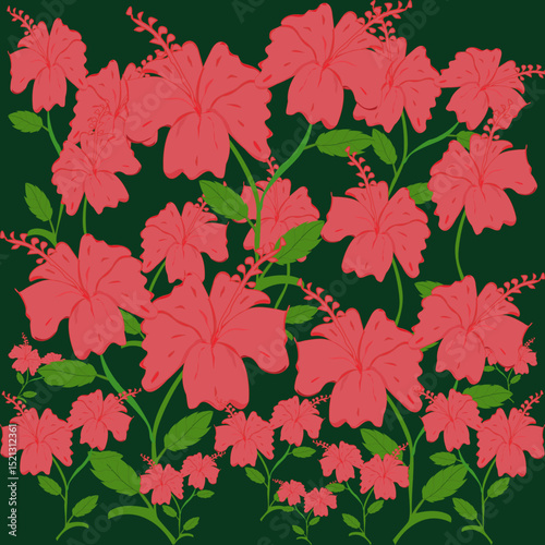 Bold red hibiscus pattern with tropical charm — perfect for fashion or decor.
