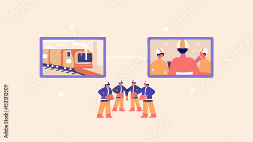 Illustrated scene showing a train and a group of workers connected by a dashed line on a light background