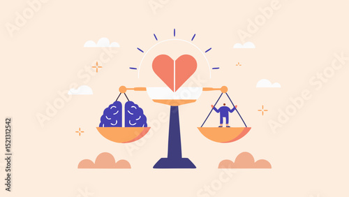 Balance scale with a brain and a person, heart on top, concept of emotional intelligence shown here