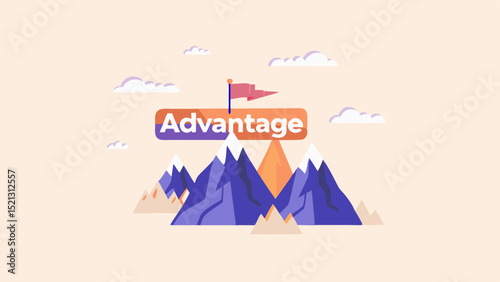 Advantage banner atop mountains with a flag and clouds in a stylized vector illustration