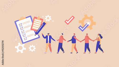 Teamwork collaboration with checklist and gears for project management and productivity focus effort