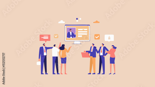 Team assessing a candidate profile on a computer screen in a business meeting setting illustration
