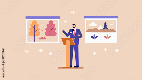 Man giving a presentation with autumn and winter themed pictures displayed on the wall behind him
