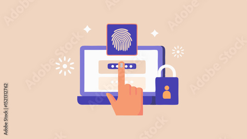 Fingerprint authentication on computer screen with padlock and hand for secure access control