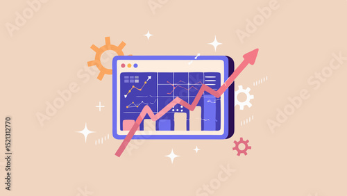 Illustration of a data chart with an upward trending arrow and gear icons on a light orange background