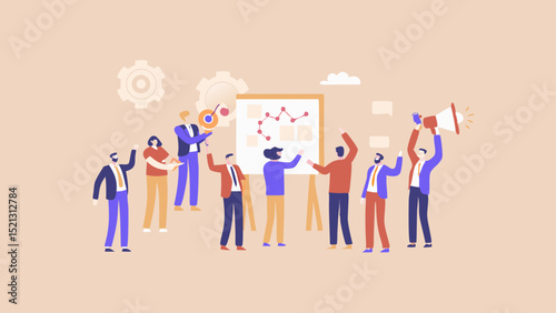 Team celebrating successful project with presentation and megaphone in office environment shown here