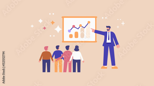Business presentation with a graph and a group of people listening to the presenter in a meeting room