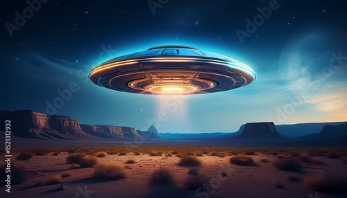 futuristic ufo hovering over desert under moonlit night sky