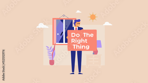 Illustration of a man in a suit holding a sign that reads do the right thing in a room setting
