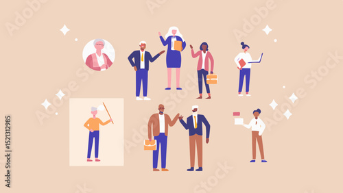 Diverse group of professionals standing and interacting in a stylized office environment setting