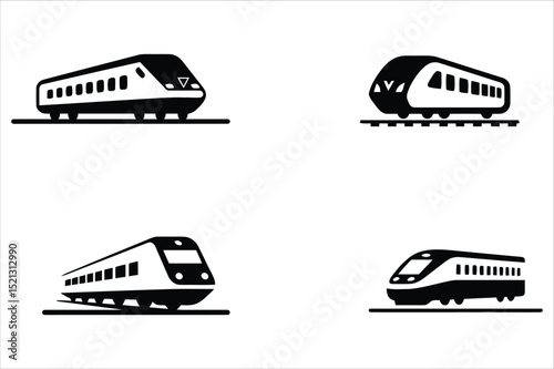 Train Icons: Black and White Railroad Transportation Symbols Vector illustration Set