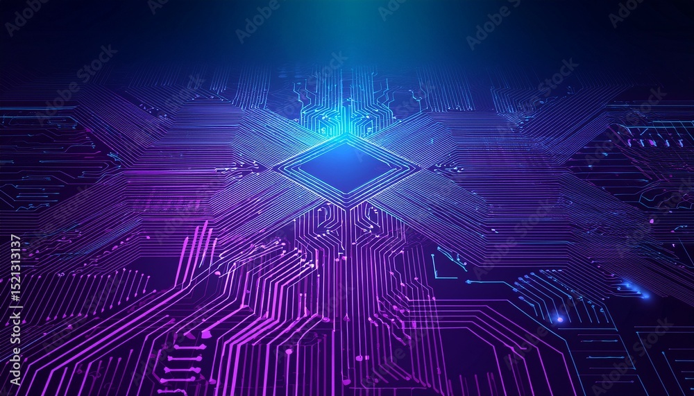 Obraz premium digital technology illustration 3d backdrop purple violet microchip link abstract background pcb blue technically printed circuit board system program cyberspace communication connect conceptual tech
