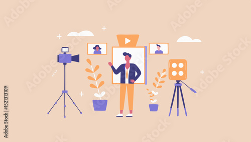 Illustration of a man in a video frame with camera lighting and plants on a peach background