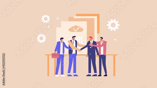 Four businessmen shaking hands in front of documents with a cloud and a checkmark graphic on them