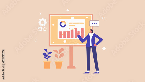 Businesswoman presenting data on a chart with bar graph and pie chart in a light peach background color