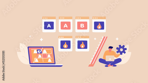 Illustration showing a laptop with a grid, a man with a laptop and a gear, and a b testing windows