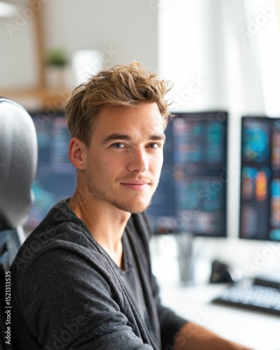 Young Trader Confident Professional in Fintech Office with Multiple Monitors