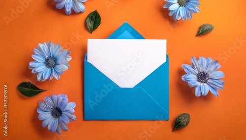 blank card mock up in the blue envelope on the orange background with flowers