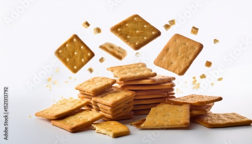 delicious golden square crackers levitate in mid air above a neatly stacked pile on a white surface perfect for packaging or advertising