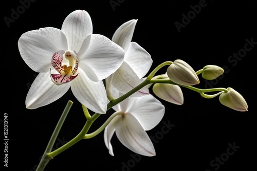 White phalaenopsis orchid in bloom, isolated on a black background, showcases natural beauty