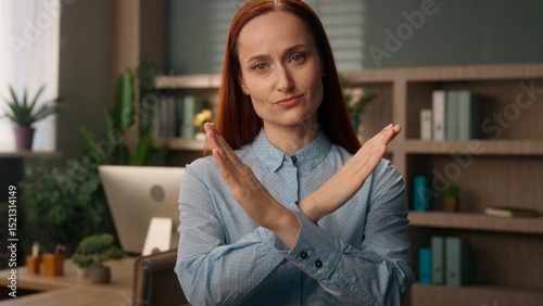 Displeased Caucasian business woman employer office manager female girl sad businesswoman crossing arms stop gesture sign demonstrate no disapprove forbid reject cross hands confident pose workplace