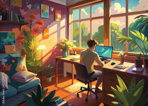 Artistic illustration of a person working at a desk near a sunny window with plants