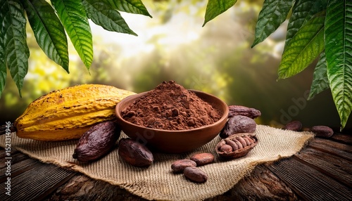 display of cocoa beans and pods on burlap with chocolate bowl and green leaves