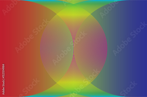 A colorful abstract image with red to blue gradients and a symmetrical curved pattern in the center, creating a mesmerizing, luminous lens-like optical effect