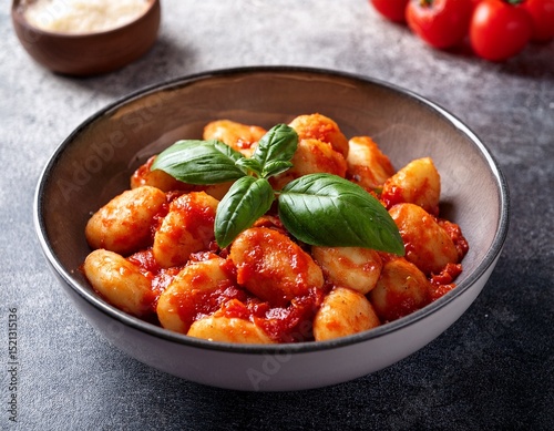 a bowl of gnocchi with tomato sauce and basil