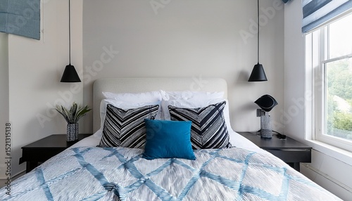 a clean white bed with geometric black and blue patterned bedding and matching accent pillows