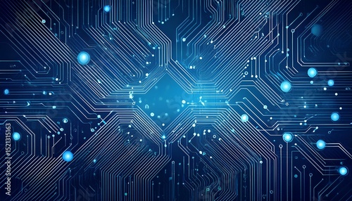 abstract digital circuit board on blue tech bg connected lines and dots navy gradient innovation